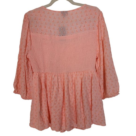Torrid Womens 0X Peach 3/4 Sleeves Voile Eyelet Smocked Babydoll Blouse Top NWT - Picture 10 of 11
